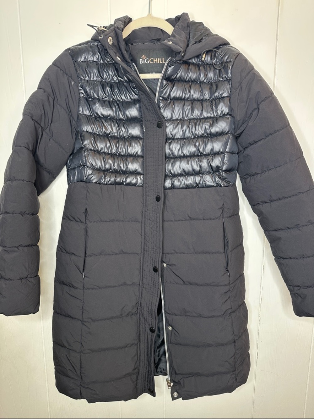 Big Chill Women's Black Two-Texture Hooded Long Puffer Coat